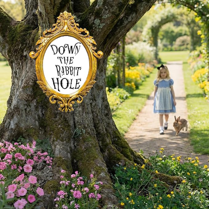Preboun Wonderland Tea Party Decor Outdoor 11.81 x 8.66'' Down The Rabbit Hole Garden Decor Yard Sign Vintage Waterproof Gold Oval Mirror Tea Party for Wonderland Birthday Baby Shower Lawn Garden