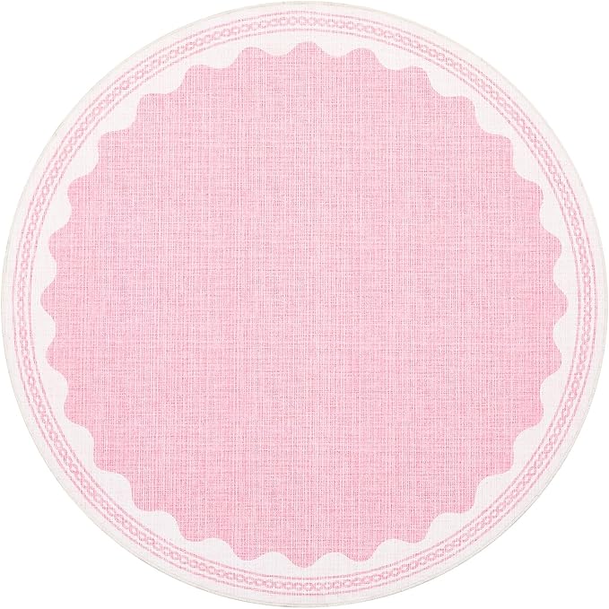 6ft Scalloped Round Rug Pink Washable Living Room Bedroom Area Rugs | Small Solid Rug for Bedroom Girls, Non Slip Scalloped Round Bath Mat, Soft Dorm Nursery Carpet for Bedside