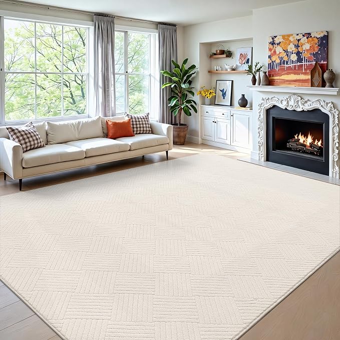 8x10 Living Room Area Rug, Beige Soft Geometric Fluffy Bedroom Mat | Washable Modern Indoor Floor Mat, Non Slip Shaggy Boho Accent Throw Carpet for Office, Dorm, Nursery and Dining Room