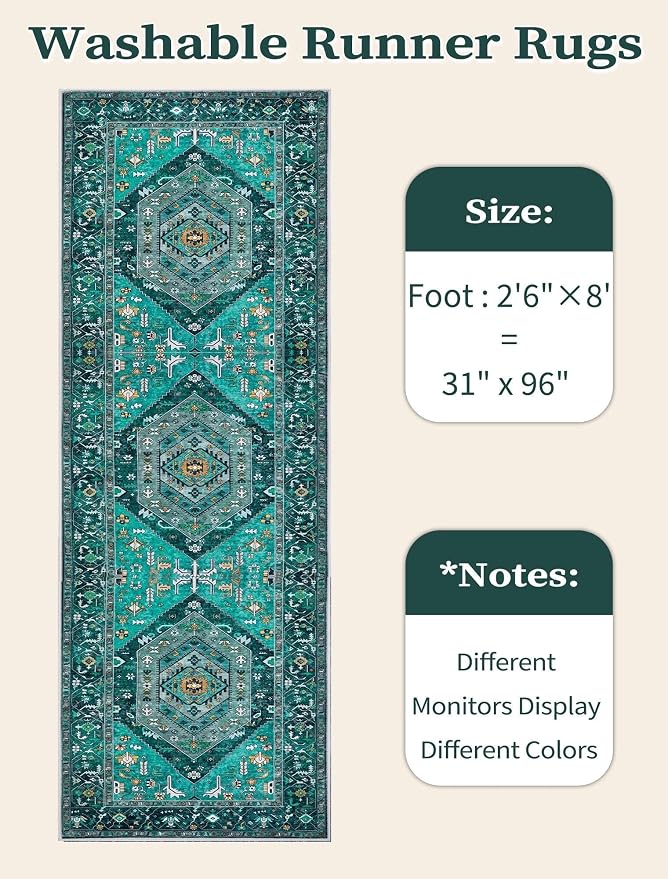 SERISSA 2'6"x8' Washable Non Slip Boho Runner Rug for Hallway，Teal | Ultra Soft Vintage Oriental Carpet Low-Pile Distressed Tribal Floor Carpet for Kitchen Bedroom Bathroom Laundry Room