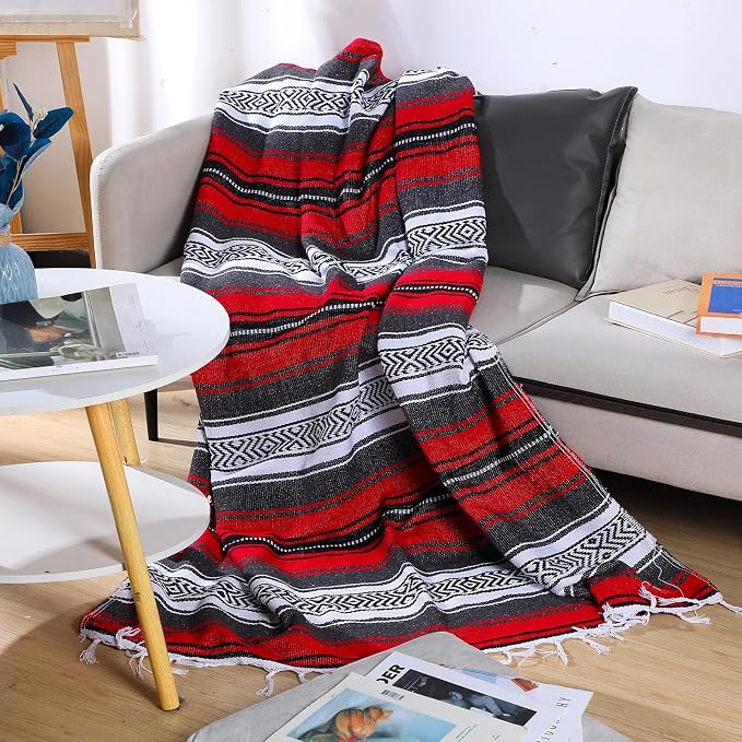 Oudain 4 Pcs Mexican Blankets Bulk Handwoven Mexican Yoga Blanket Towel Colorful Falsa Serape Woven Throw Blanket Boho Beach Blankets for Outdoor Camping Beach Picnic Travel Home(Red)