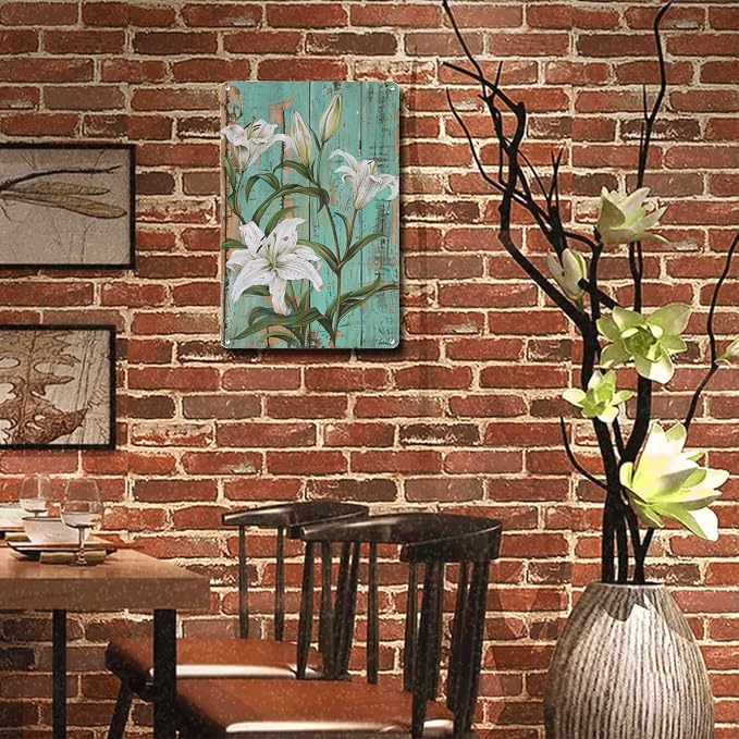 Metal Sign Tin Sign Vintage Wall Art Shabby Chic Lilies Tin Sign for Vintage Botanical Art Rustic Wall Panels and Distressed Wood Acce Garden Sign for Pub 6×8 Inches