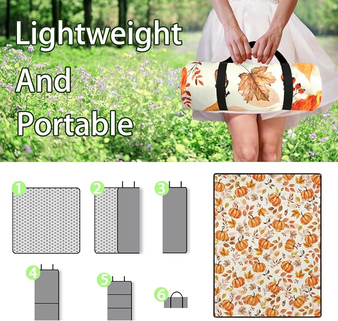 Fall Pumpkin Blankets Waterproof Foldable,60’‘x80'' Portable Dual Layers Outdoor Travel Camping Backpacking Hiking Beach Blanket Mat for Grass Padded Lawn Park Beach,Fall Pumpkin Picnic Accessories