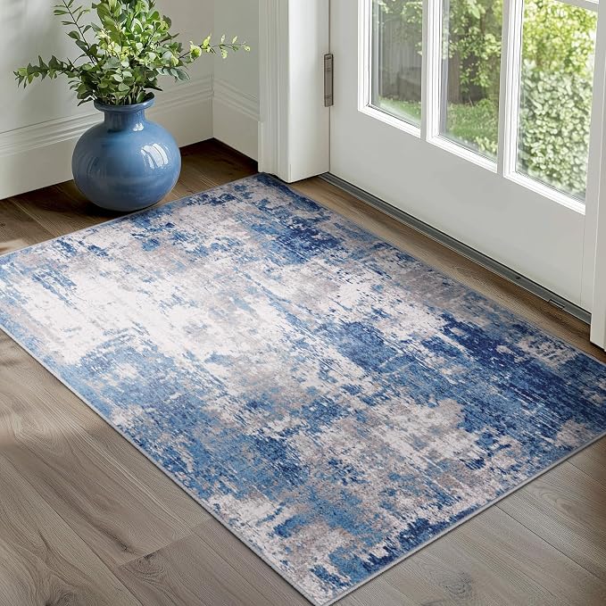 RELEANY Washable 4'x5' Abstract Area Rug for Living Room Blue Gray | Carpet for Bedroom, Kitchen, Office, Hallway and Entryway, Printed Pattern, Non‑Slip, Soft, Stain‑Resistant, Easy to Clean