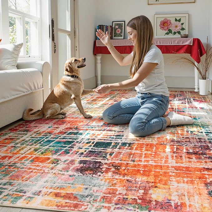 Beeiva Multi Color Washable Area Rugs 8x10, Colorful Abstract Non Slip Foldable Rug for Living Room, Modern Large Thin Low Pile Carpet for Office Playroom Bedroom - Multicolor