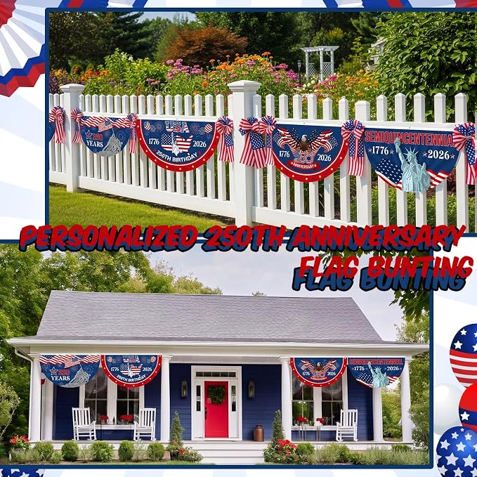 Tudomro 4 Pcs 250th Anniversary USA Bunting Fan Flag for Outdoor 1.5x3 ft 1776-2026 American Anniversary Bunting Flag for Outside 4th of July Patriotic Half Fan Hanging Banner Garden Decoration