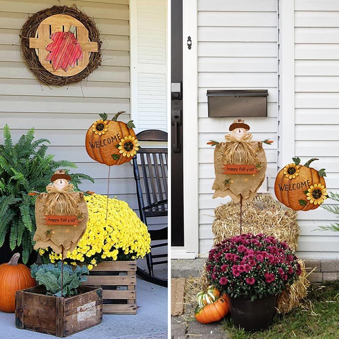 Metal Pumpkin Garden Stakes Welcome Sign Decorative Yard Sign Fall Decor | Autumn Pumpkin Decoration for Harvest Thanksgiving Halloween