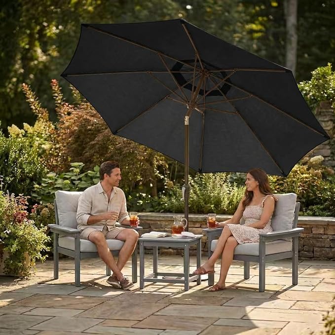 Kingdura 10FT Outdoor Patio Umbrella, Round Market Table Umbrella with Push‑Button Tilt and Crank Lift, 8 Sturdy Metal Ribs, UV50+ Protection Canopy for Backyard, Lawn, Deck, Poolside, Garden (Black)