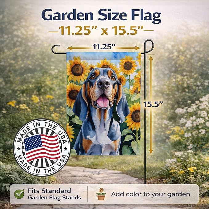 Caroline's Treasures DAC6007GF American English Coonhound in Sunflowers Garden Flag Mailbox Flag Decorative Yard Flag Banner Outside Patio Artwork Yard Flower Beds, Garden Size, Multicolor