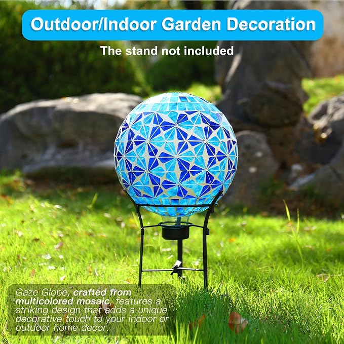 SAVENNA Mosaic Garden Gazing Ball 10 Inch, Glass Decorative Sphere for Indoor & Outdoor Garden, Patio, Home & Yard, Blue Geometric Star Pattern