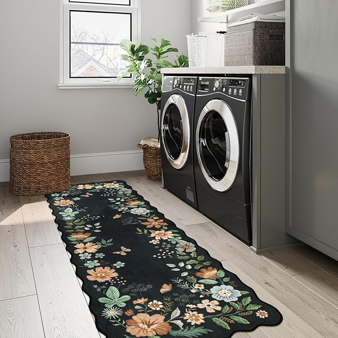 Lahome Floral Kitchen Runner, 2X6 Washable Runner Rug Non Slip Ultra-Thin, Soft Hallway Rug Stain Resistant Boho Small Low-Pile Carpet for ‎Laundry Bathroom Bedroom Flore (2x6ft,Black/Grey)