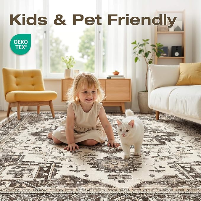 Vintage Washable 6x9 Area Rug for Living Room, Dark Brown | Soft Low Pile Rug with Non-Slip Backing, Stain Resistant for Bedroom or Dining Room, Kid & Pet Friendly