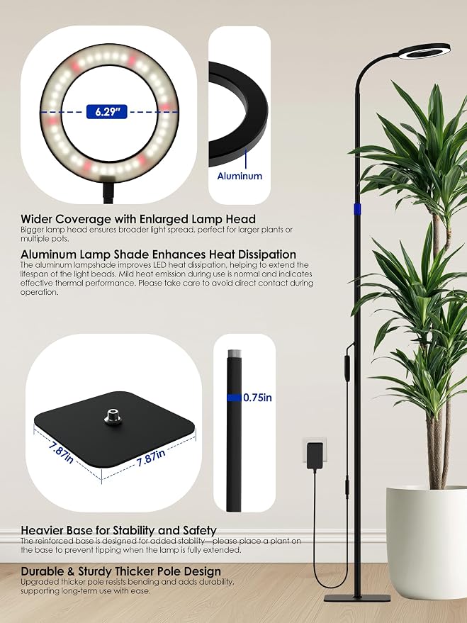 Smart Grow Light for Indoor Plants, 53.9"-67.5" Adjustable Height Full Spectrum LED Plant Light, APP Control with Auto Timer, Plant Assistant,Stepless Dimming, Ideal for Large Tall Plants
