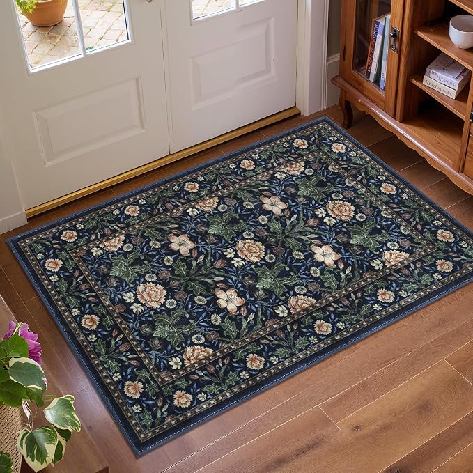 GarveeHome Small Navy Entryway Rug, 2x3 Washable Front Door Rug Indoor Entrance Floral Carpet Non-Slip Low Pile Throw Rugs for Kitchen Floor, Powder Room, Entry, Bathroom, Kids Room