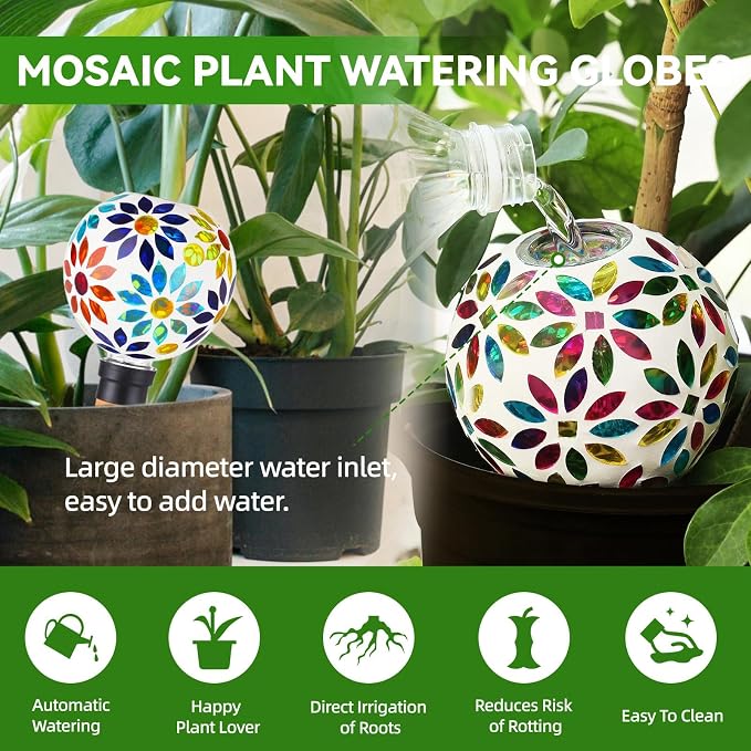VOREEN Mosaic Glass Plant Watering Globes 2 Pack 500ml with Terracotta Spikes, Handmade Self-Watering Stakes for Indoor/Outdoor, Gift for Garden Lover,Multi Colored Flowers