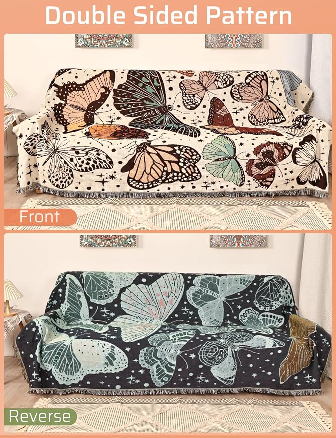 Boho Throw Blanket for Bed Couch Sofa Reversible Cotton Bohemian Travel Boho Quilt Mexican Muslin Blanket Tapestry Hippie Room Decor Outdoor Blanket Double Sided (Month Moth Print 70"x90")