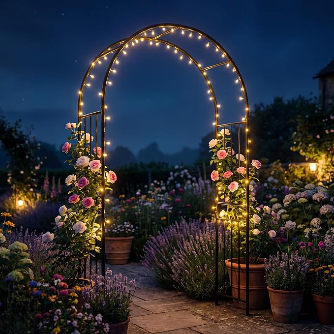 LDAILY Moccha Garden Arch Arbor Trellis, 7.2Ft Outdoor Steel Arbor with Stakes, Metal Archway for Climbing Plants, Wide Sturdy Garden Arch for Lawn, Party, Ceremony Wedding Decoration, Black