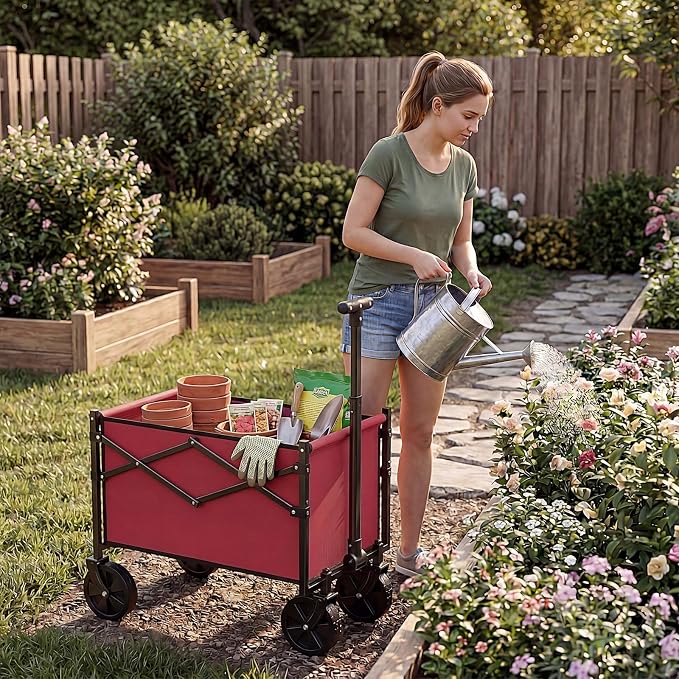 DUMOS Collapsible Wagon with Wheels, 220LBS Wagons Carts Foldable Small Wagon Cart with Flexible Handle, Lightweight Portable Folding Utility Grocery Shopping Cart for Sports Garden Camping, Red