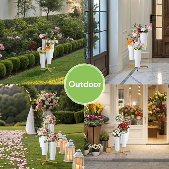 Flower Bar Stand with 4 Metal Buckets, 4 Tier Flower Display Stand, Rotatable Flower Cart Iron Plant Stand for Wedding or Florist Decor, Upgrade Metal Bucket Durable than Plastic Bucket