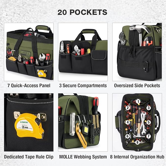 HISEA Heavy Duty Tool Bag 20 Pockets, 16-Inch Portable Tool Box Organizer, 600D Waterproof Wide Mouth Large Storage Toolbag for Electrician, Tradesman with Adjustable Shoulder Strap