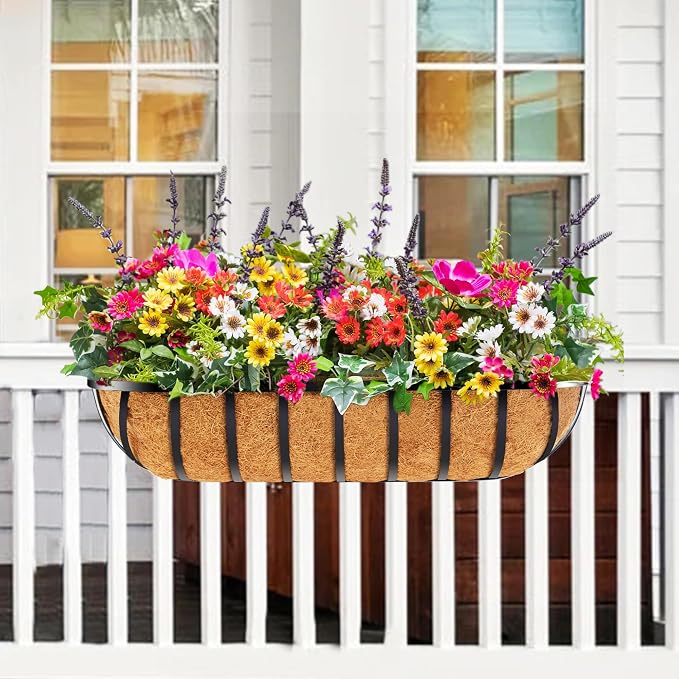 30 Inch 2 PCS Window Box Deck Railing Planter with Coco Liners, Hanging Flower Planters Black Metal Baskets for Indoor Outdoor, Balcony, Porch, Fence, Lawn and Patio