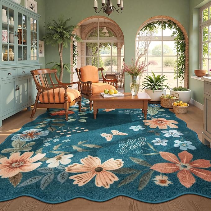 Lahome Floral Washable Rugs 8x10, Soft 8x10 Rugs for Living Room Bedroom | Non-Slip Ultra-Thin Stain Resistant Boho Blue Accent Carpet for Dining Room Office Flore (8x10ft, Navy Blue)