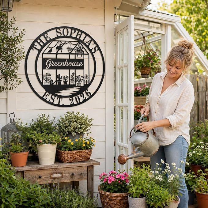 Personalized Metal Greenhouse Sign Custom Garden Name Sign for Outside Yard Patio Decor Botanical Wall Art Gift for Mom Grandma Gardener
