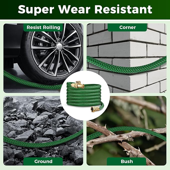 50FT Heavy Duty Garden Hose, Non-Expandable Flexible Kink-Resistant Water Hose, High-Density Fabric, Leak-Proof Metal Connector for Patio Lawn Car Wash