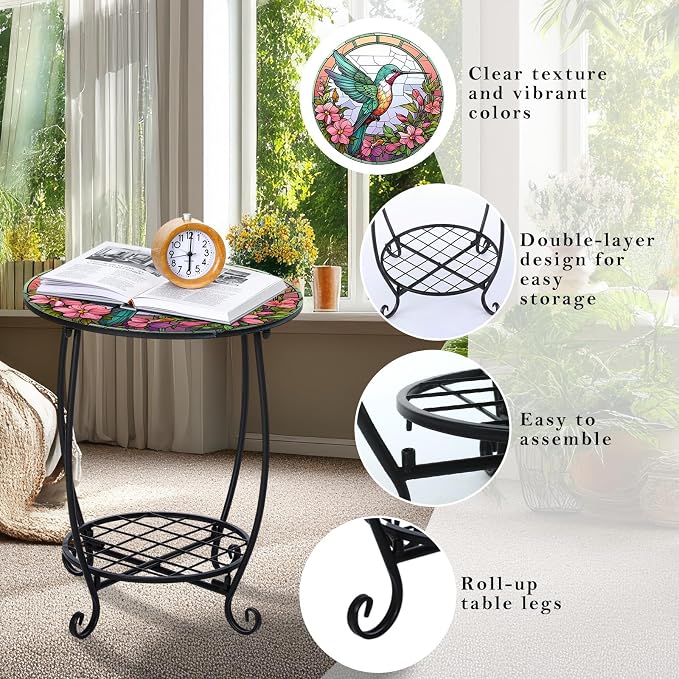 Cinnvoice Outdoor Side Table Round Small Mosaic Patio Accent Indoor End Plant Coffee Tea Table for Yard Patio Porch Garden Living Room, Bedroom(Hummingbird Style,18 Inch)