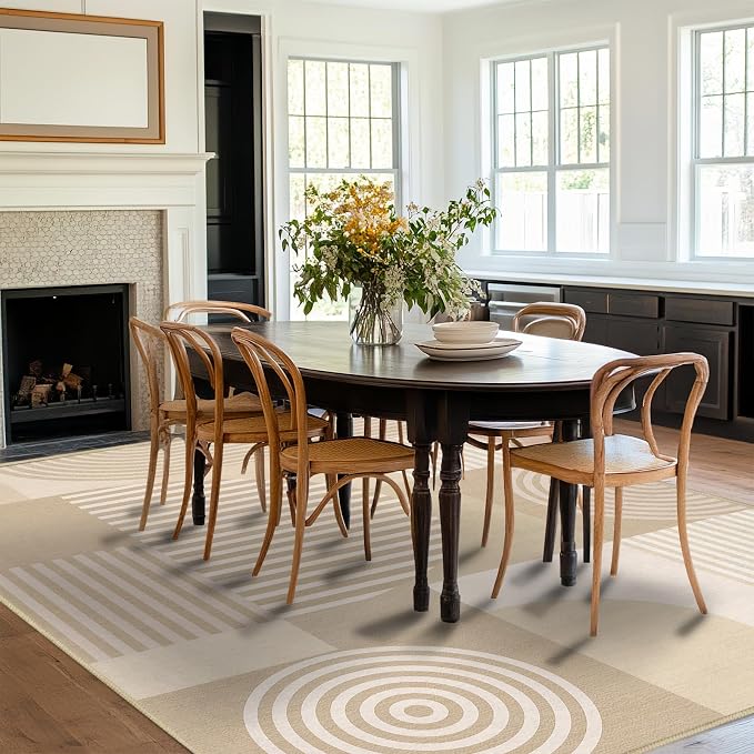 9x12 Area Rug for Living Room Beige Geometric Rug Machine Washable White Minimalist Mid Century Modern Area Rugs Non Slip Low Pile Large Dining Room Floor Carpet for Bedroom Office,Beige