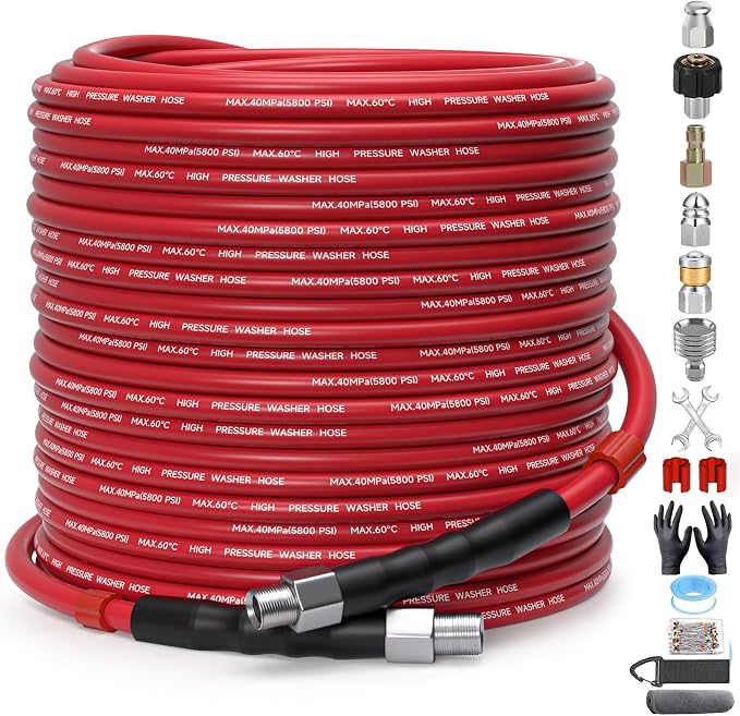 Sewer Jetter Kit for Pressure Washer – 150ft Water Jet Drain Cleaning Hose 5800PSI 1/4 Inch NPT Corner with Sewer Cleaning Tool High Pressure Nozzles and Spanner Waterproof Tape
