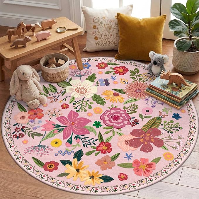 Latte&Fog 4ft Pink Round Area Rug for Girl Bedroom Washable Cute Circle Rug | Non Slip Low Pile Soft Floral Small Carpet for Kids Playroom Nursery Classroom Dorm Decor Dining Kitchen Farmhouse Office
