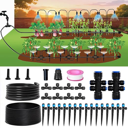 Drip Irrigation System Kit 36FT, Garden Watering System Drip Irrigation Kit with Quick-Connect 1/2'' & 1/4'' Tubing, Adjustable Drippers & Sprayers, Irrigation System for Garden, Lawn, Greenhouse