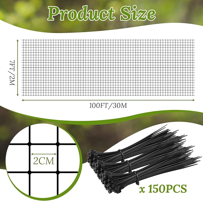 Woanger 3 Pack Deer Fence Netting Bird Netting Garden Net with 150 Pcs Cable Ties for Bird Protect Plants, Vegetables Against Birds Fruit Trees Deer Squirrel Rabbit and Other Animals (Black,7x100 ft)