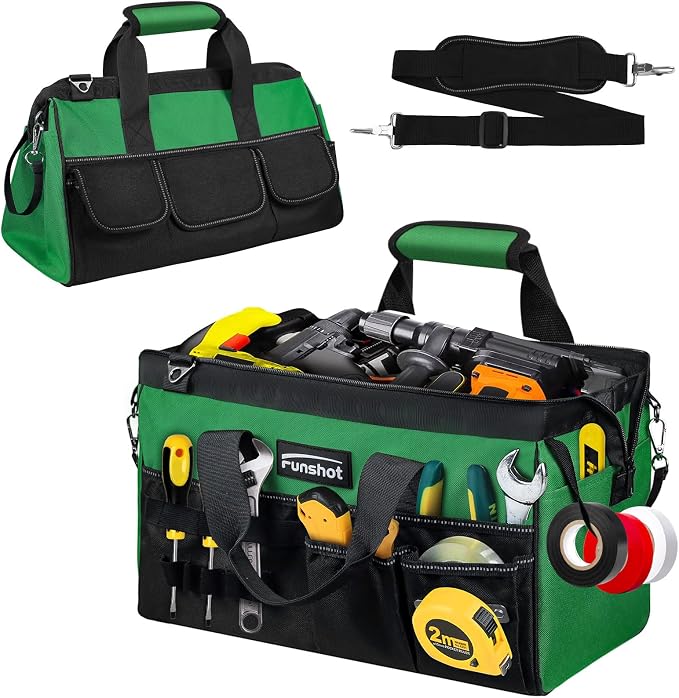 16 Inch Heavy Duty Tool Bag, Compact Tool Organizer with 17 Pockets, Wide Mouth Tool Tote with Adjustable Shoulder Strap, Portable Work Bag for Electricians, Mechanics, Contractors, DIY & Home Repair