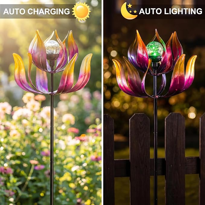 Solar Wind Spinners Outdoor for Yard and Garden, 61'' Lotus Kinetic Wind Sculptures with Color Changing LED Crackle Glass Globe, Metal Yard Art Decor for Patio Lawn, Garden Gifts for Women/Mother
