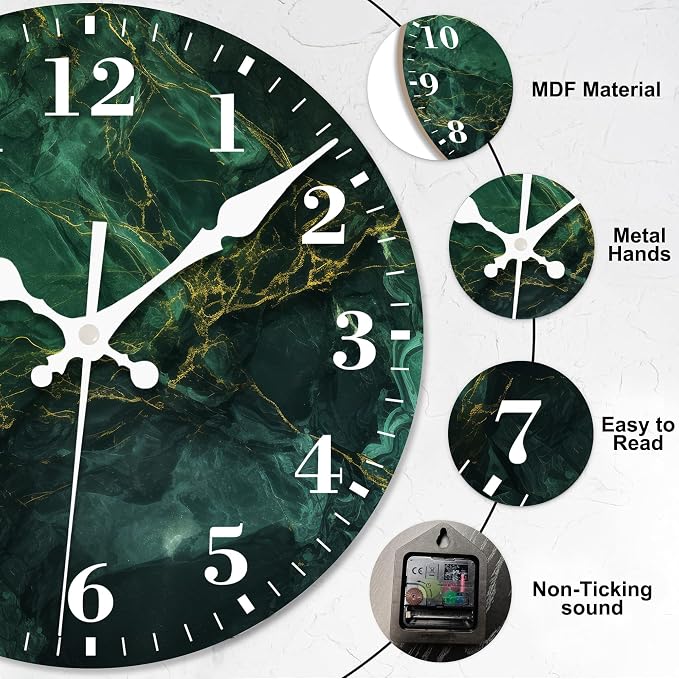 Wall Clocks Battery Operated, Dark Green Luxury Marble Silent Non Ticking Decorative Indoor Outdoor Wall Clocks for Living Room Kitchen Bedroom Bathroom 12"
