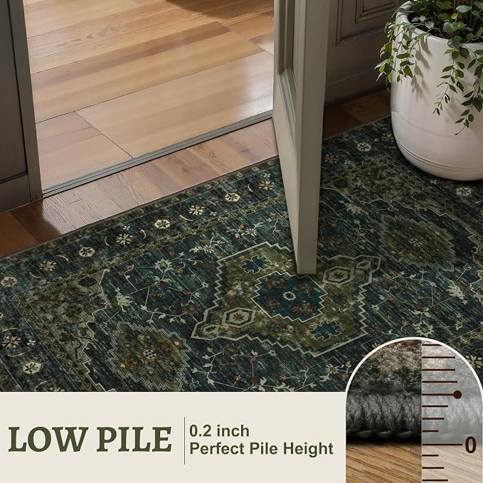 Tangsoo 3x10 Washable Hallway Runner Rug, Green Non Slip Long Runner Rug | Oriental Soft Low Pile 10ft Rug Runner, Vintage Boho Print Carpet Runners for Hallway Kitchen Bedroom Entryway Dark Green