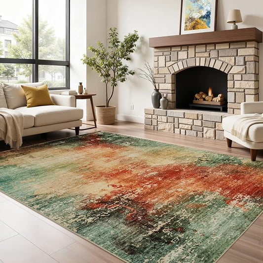Joydeco 6x9 Area Rugs for Living Room, Non-Slip Modern Abstract Soft Washable Rug, Low Pile Carpet for Bedroom, Dining Room, Home Office, Pet & Child Friendly, Green & Orange & White