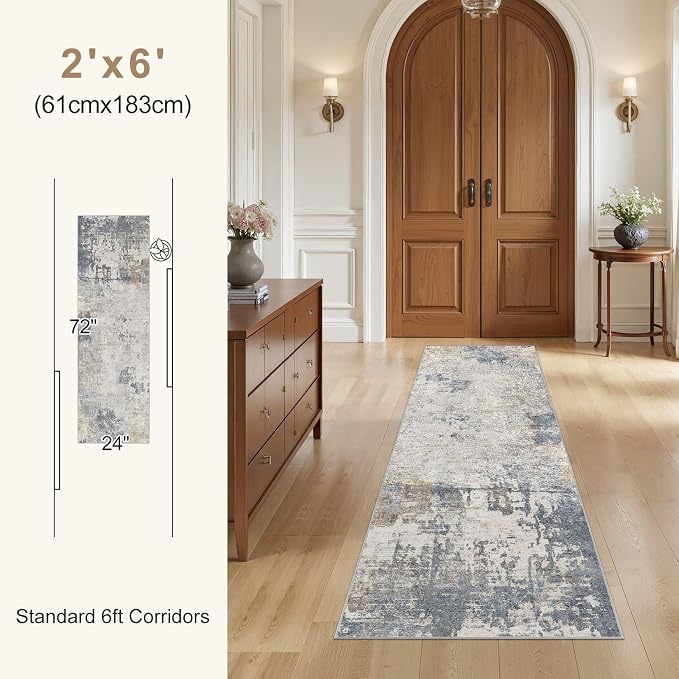 UERMEI 2x6 Washable Runner Rug for Hallway, Non Slip Low Pile Kitchen Carpet, Neutral Modern Abstract Indoor Floor Mat for Entryway Laundry, Kid & Pet Safe High Traffic Area, Blue Grey