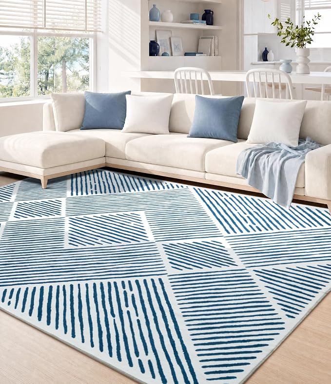 6‘x9' Washable Blue and White Rug, Modern Area Rug for Living Room | Non-Slip, Low Pile, Stain Resistant, Navy Blue Geometric Stripe Rug for Bedroom Dining Room