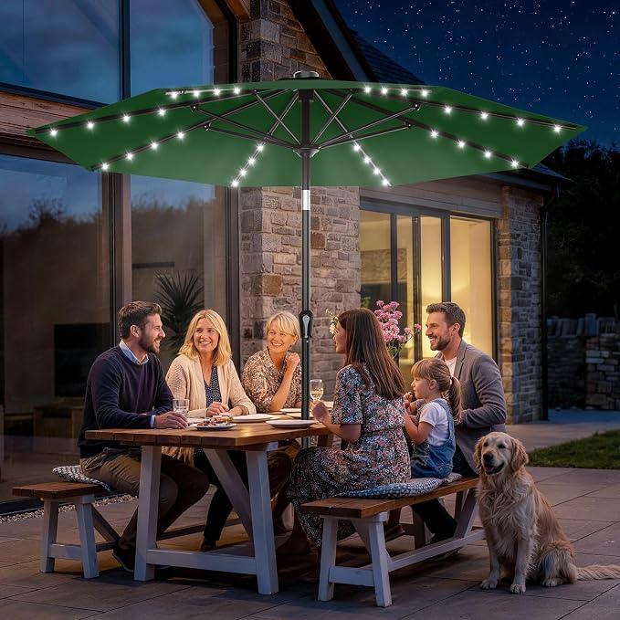 AreShark 9FT Patio Umbrella with Solar Lights, 32 Lighted Pool Umbrella w/Tilt and Crank, Outdoor Market Solar Umbrellas for Garden, Deck, Backyard, Pool and Beach, Dark Green