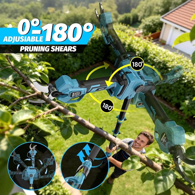 Takuoo Cordless Electric Pruning Shears with Extension Pole, 1.6" Cutting Diameter Power Pole Pruner for High Tree Trimming, 2x4.0Ah Batteries, 4 Adjustable Modes Brushless Limb Branch Cutter