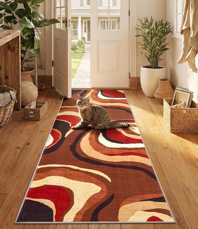 Burnt Orange Runner Rug 2x6 for Hallway,Farmhouse Brown Retro Carpets Washable,Geometric Abstract Wavy Rug,Unique Colorful Rugs for Dining Room,Kitchen,Bedside Rugs