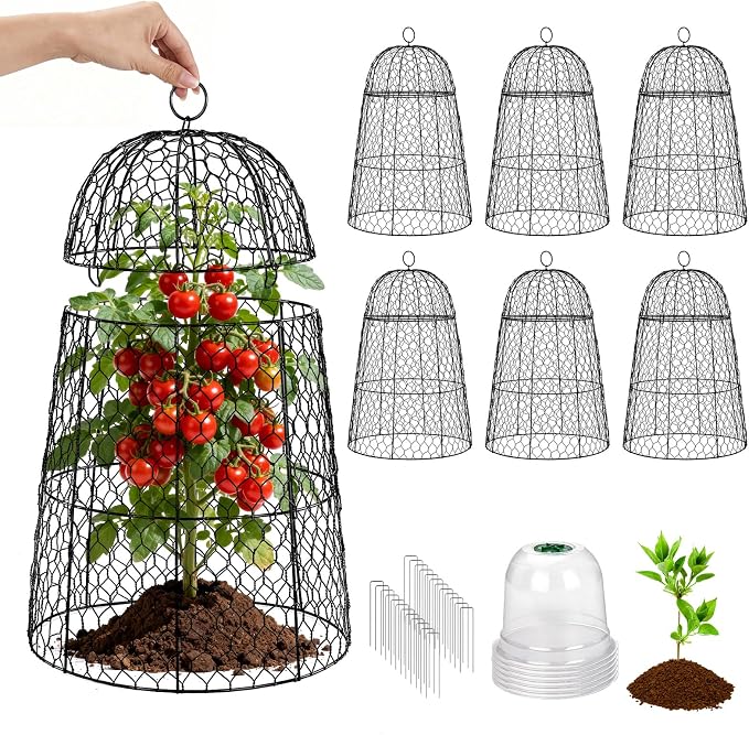 6 Pack XL Metal Garden Cloches for Plants, 17" Height Rustproof Chicken Wire Cloches for Seedlings, Vegetables & Flowers, Plant Protectors from Animals Includes 6 Humidity Domes & 24 Stakes - Black