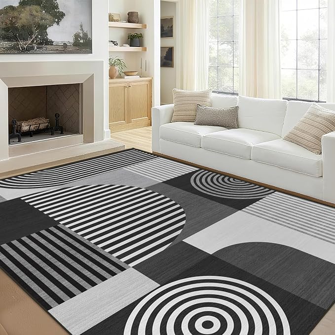 Area Rug 5x7 Grey Geometric Rug for Living Room Black White Machine Washable Gray Minimalist Mid Century Modern Rugs Non Slip Low Pile Large Dining Room Indoor Floor Carpet for Bedroom Office