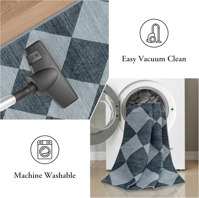 Beeiva Checkered Print Hallway Rug 2x6, Ultra Thin Kitchen Rug Runner Non Slip Washable Carpet Runners for Hallway 6ft, Modern Diamond Stain Resistant Floor Carpet for Bathroom Bedroom Entryway