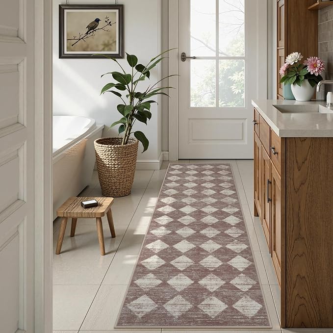 Checkered Runner Rug 2x8 Beige, Hallway Kitchen Bathroom Non Slip Washable