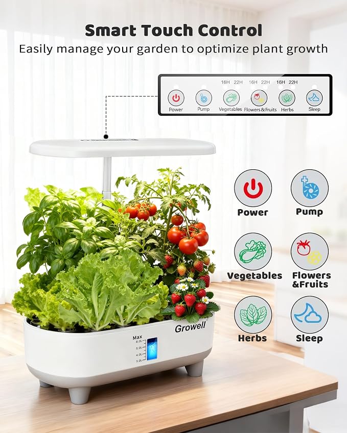 Growell 16 Pods Hydroponics Growing System Kit with 3 Light Modes & 2 Timer | Smart Water Circulation, LED Grow Light, 8L Large Water Tank, Coutertop, Indoor Herb Garden, Perfect Gardening Gifts, White