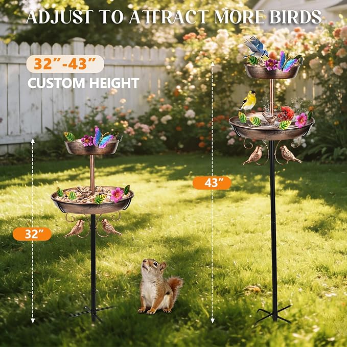43" Bird Bath and Feeder for Outside 2-tier, 12" and 8" Dia Double Removable Bird Baths Outdoor, Vintage Water Bowl Birdbaths, Garden Patio Lawn Decor with Butterfly and Floral Bird Border Decorative